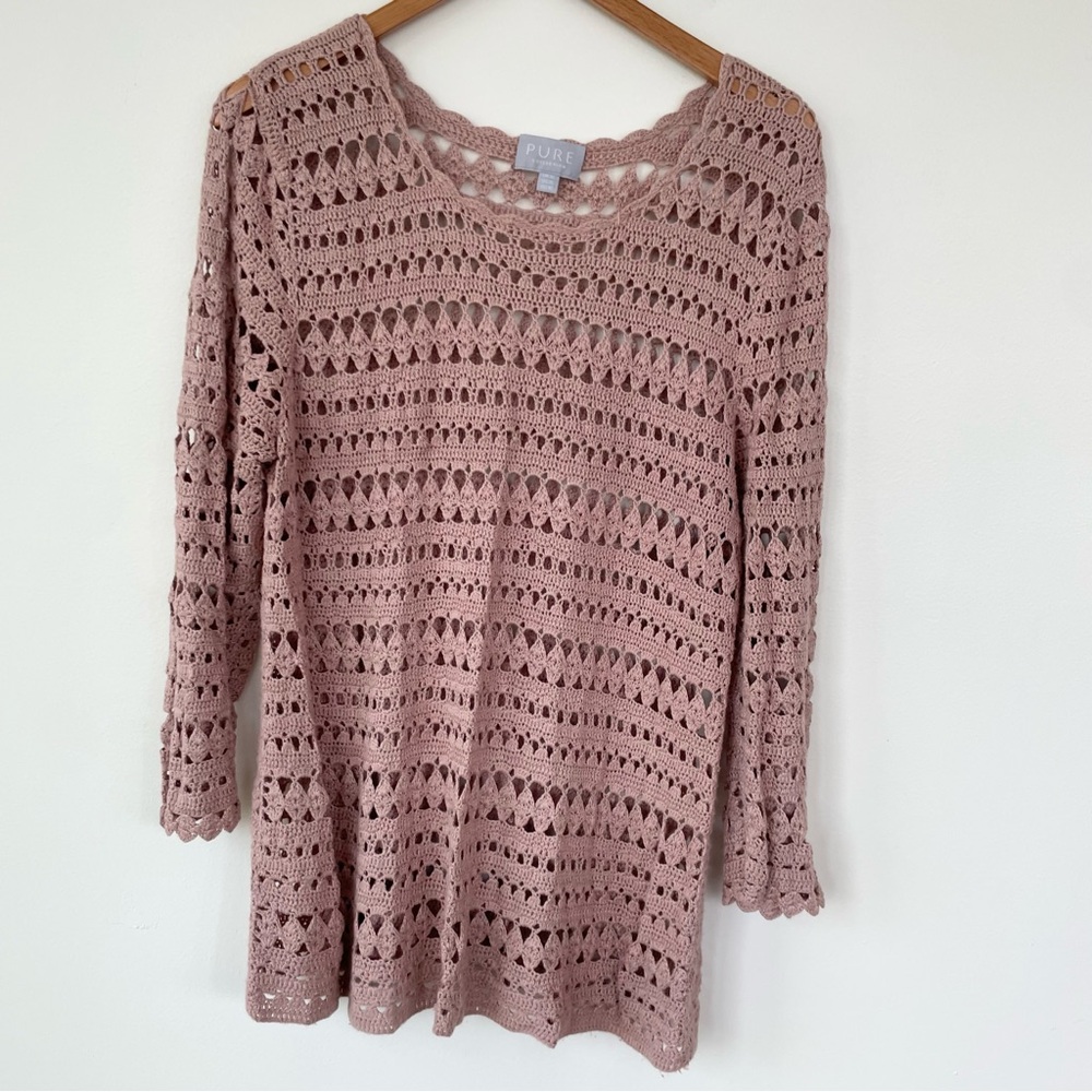 PURE Collection Open Knit Crochet Longsleeve Jumper Sweater XL Tan Brown